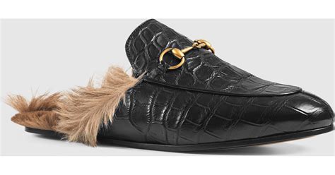 gucci fur lined slippers|Gucci crocodile slippers.